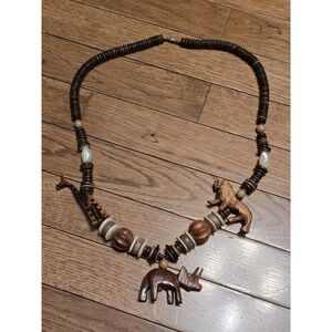 Vintage Hand Crafted Wooden Safari with  African Animal Necklace